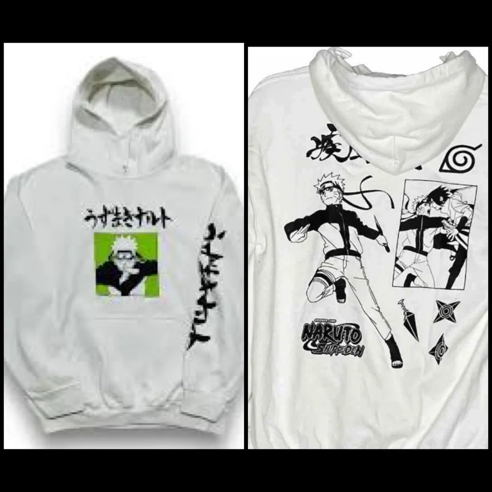 Naruto Shippuden Anime Manga Double Sided Graphic Hoodie White Sweatshirt L